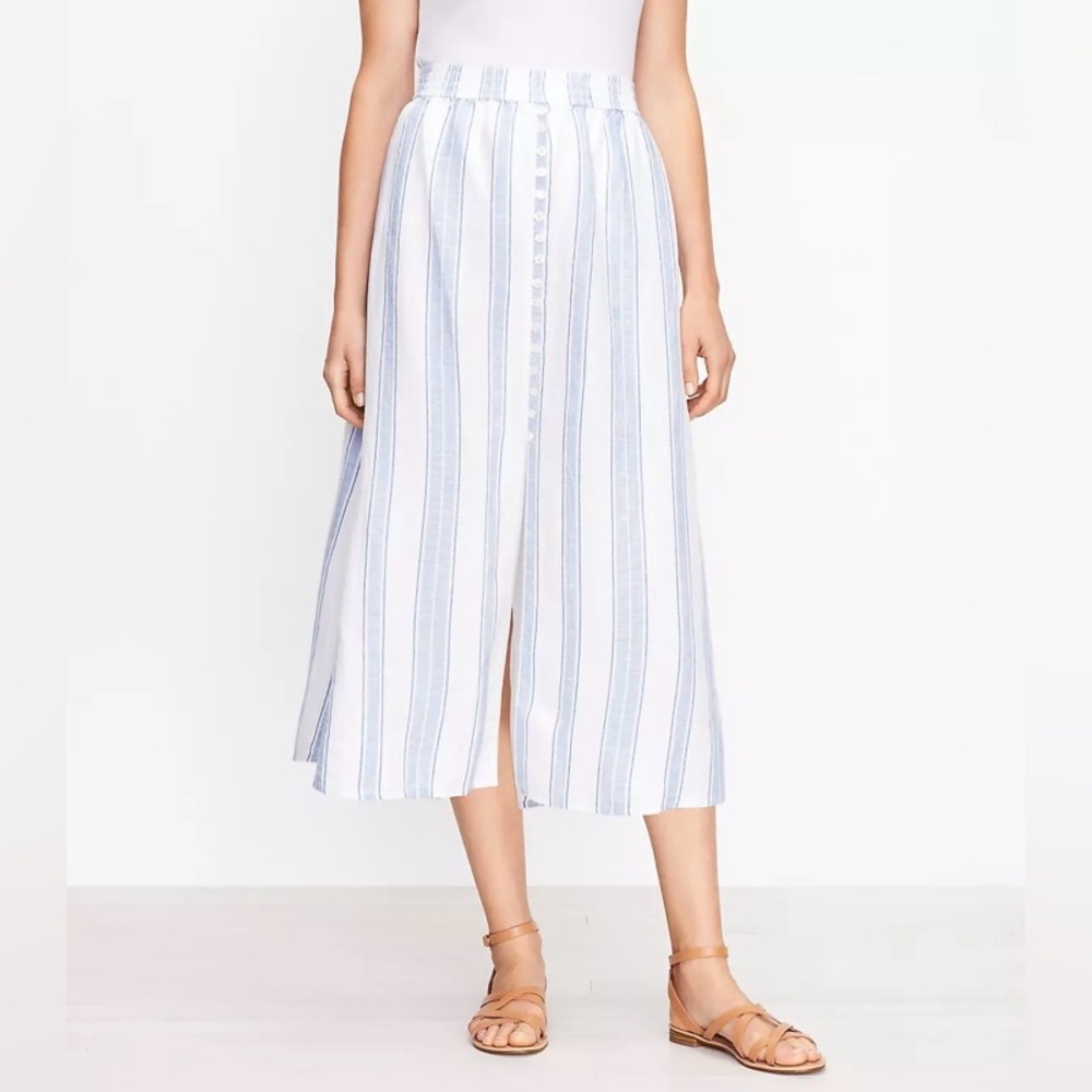 LOFT Striped Button Trim Pull On Midi Skirt